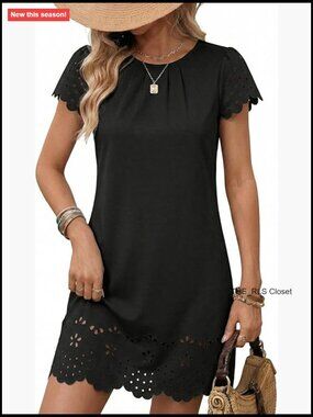 Short Sleeve Hollow Out Crewneck Pleated Front Mini Dress